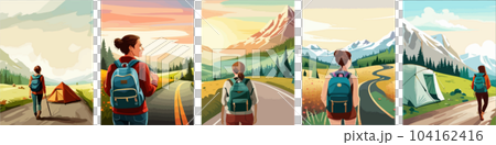 Beautiful design with a sense of travel. A young woman with a backpack inspects the surroundings. vertical illustration on a camping theme. Branding that travels. Beautiful design with a sense of travel. A young woman with a backpack inspects the surroundings. vertical illustration on a camping theme. Branding that travels. 104162416