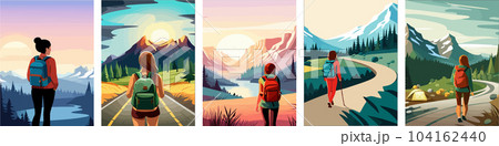 Beautiful design with a sense of travel. A young woman with a backpack inspects the surroundings. vertical illustration on a camping theme. Branding that travels. Beautiful design with a sense of travel. A young woman with a backpack inspects the surroundings. vertical illustration on a camping theme. Branding that travels. 104162440