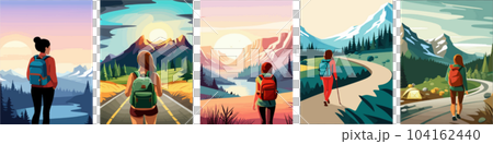 Beautiful design with a sense of travel. A young woman with a backpack inspects the surroundings. vertical illustration on a camping theme. Branding that travels. Beautiful design with a sense of travel. A young woman with a backpack inspects the surroundings. vertical illustration on a camping theme. Branding that travels. 104162440