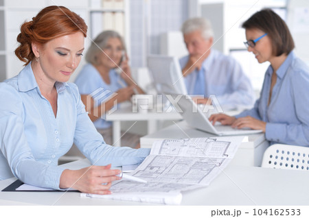 business woman working in office, her colleagues on background 104162533