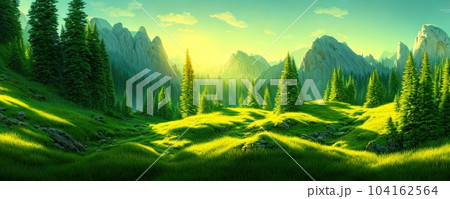 Spruce trees forest summer background against the backdrop of a mountain range in the morning golden hour with sun rays, panorama of wildlife forest in the Green Valley with blue sky Spruce trees forest summer background against the backdrop of a mountain range in the morning golden hour with sun rays, panorama of wildlife forest in the Green Valley with blue sky 104162564