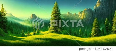 Spruce trees forest summer background against the backdrop of a mountain range in the morning golden hour with sun rays, panorama of wildlife forest in the Green Valley with blue sky Spruce trees forest summer background against the backdrop of a mountain range in the morning golden hour with sun rays, panorama of wildlife forest in the Green Valley with blue sky 104162671