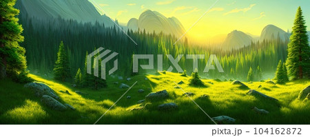 Spruce trees forest summer background against the backdrop of a mountain range in the morning golden hour with sun rays, panorama of wildlife forest in the Green Valley with blue sky 104162872