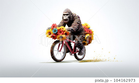a gorilla on a  bicycle in the street with the flowers on the isolated background 104162973