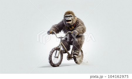 a gorilla baby on a  bicycle in the street with the flowers 104162975