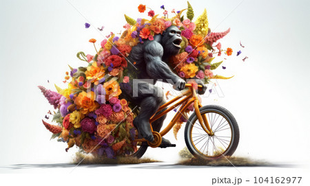 a gorilla on a bicycle in the street with the full flowers a gorilla on a bicycle in the street with the full flowers 104162977