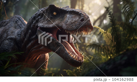 a tyrannosaurus rex dinosaur in the forest a tyrannosaurus rex dinosaur in the forest 104162988