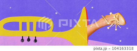 Female leg sticking out trumpet against purple background. Diving into music lifestyle. Contemporary art collage. Female leg sticking out trumpet against purple background. Diving into music lifestyle. Contemporary art collage. 104163318