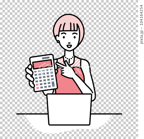 座ってデスクでノートPCを開いて電卓を指差してこちらに向けて見せているドレスの女性 104164254