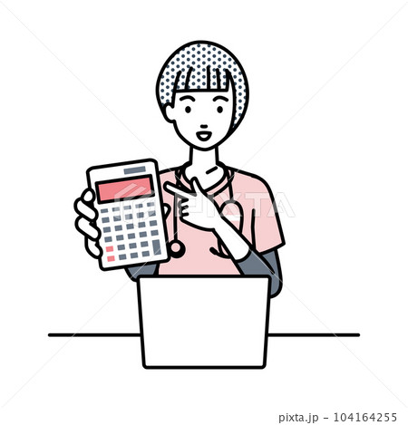 座ってデスクでノートPCを開いて電卓を指差してこちらに向けて見せている看護師の女性 座ってデスクでノートPCを開いて電卓を指差してこちらに向けて見せている看護師の女性 104164255