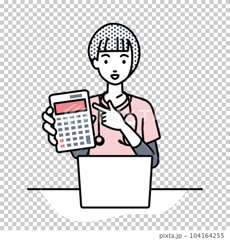 座ってデスクでノートPCを開いて電卓を指差してこちらに向けて見せている看護師の女性 座ってデスクでノートPCを開いて電卓を指差してこちらに向けて見せている看護師の女性 104164255