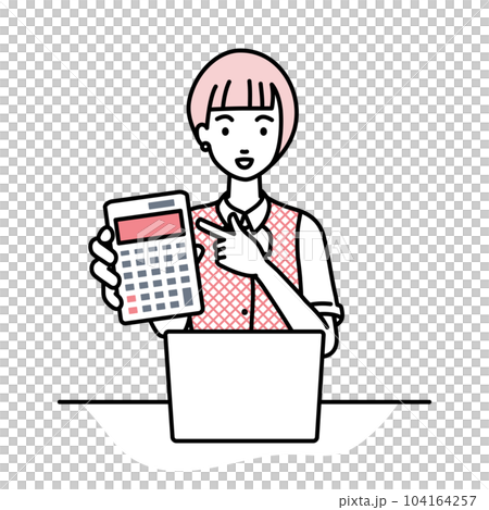 座ってデスクでノートPCを開いて電卓を指差してこちらに向けて見せている事務員制服の女性 座ってデスクでノートPCを開いて電卓を指差してこちらに向けて見せている事務員制服の女性 104164257