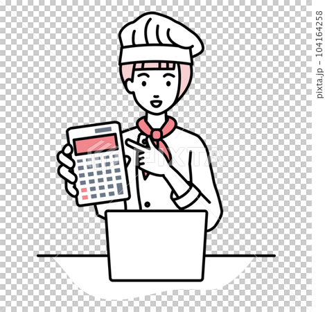 座ってデスクでノートPCを開いて電卓を指差してこちらに向けて見せている調理師の女性 座ってデスクでノートPCを開いて電卓を指差してこちらに向けて見せている調理師の女性 104164258