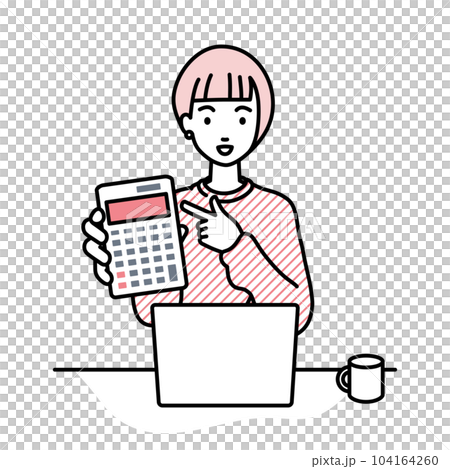 座ってデスクでノートPCを開いて電卓を指差してこちらに向けて見せているスウェットの女性 104164260