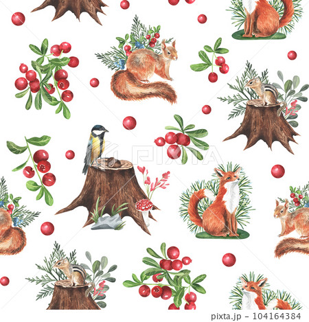 Watercolor seamless pattern with cute animals, forests pattern, baby Wallpapers. tit bird, chipmunk, squirrel, Fox, berries and leaves. Isolated on white background. child wallpaper, textile, fabric 104164384