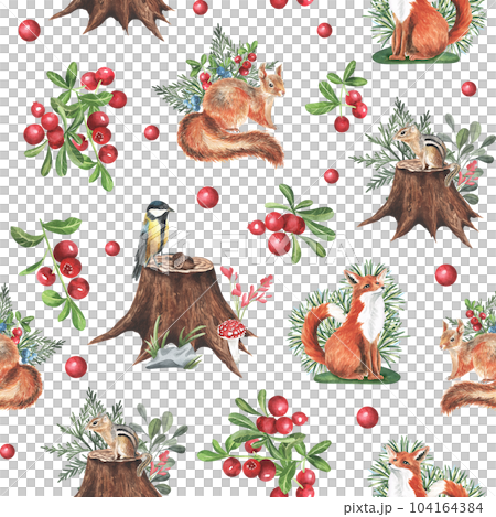 Watercolor seamless pattern with cute animals, forests pattern, baby Wallpapers. tit bird, chipmunk, squirrel, Fox, berries and leaves. Isolated on white background. child wallpaper, textile, fabric 104164384