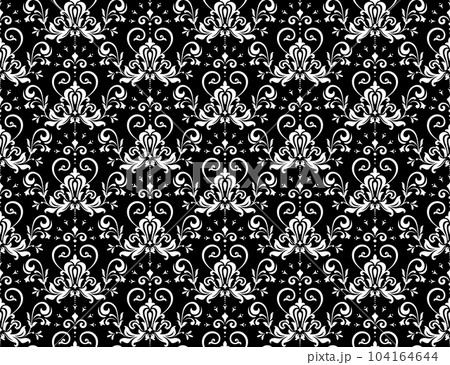 Wallpaper in the style of Baroque. Seamless vector background. White and black floral ornament. Graphic pattern for fabric, wallpaper, packaging. Ornate Damask flower ornament Wallpaper in the style of Baroque. Seamless vector background. White and black floral ornament. Graphic pattern for fabric, wallpaper, packaging. Ornate Damask flower ornament 104164644