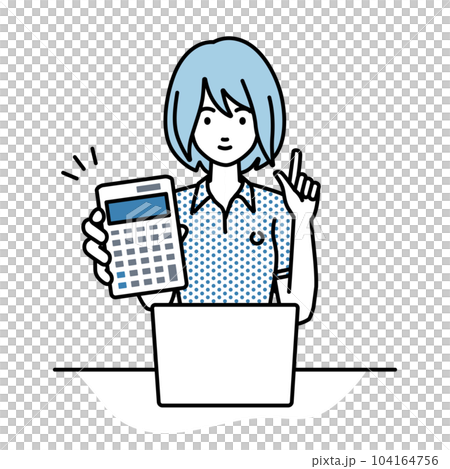 一位身穿馬球衫的女士坐在辦公桌前，打開筆記本電腦，拿著計算器給我看 104164756