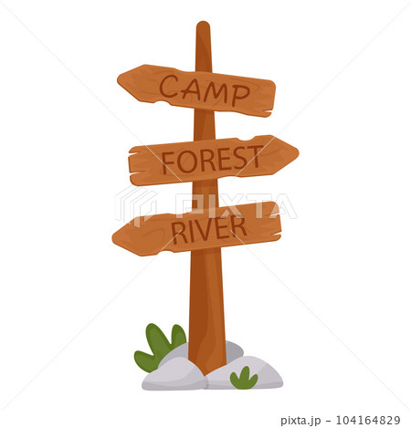 Wooden signpost on the tourist route. Road sign to the summer camp, river, forest. A guide post with inscriptions. Vector illustration in the flat style. Isolated on a white background. 104164829