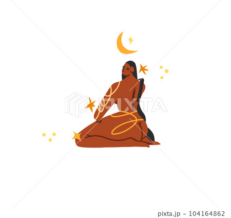 Hand drawn vector abstract modern cartoon illustration of young boho female character with abstract moon and stars in simple style.Modern woman design.Feminine nature concept art .Boho woman concept. 104164862