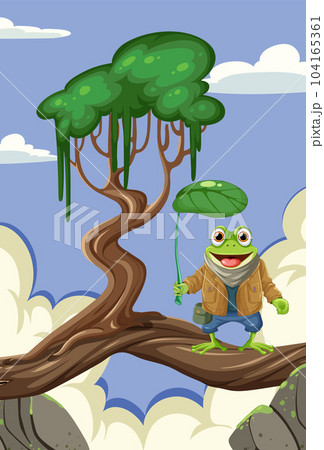 Cartoon Frog Standing on Tree Cartoon Frog Standing on Tree 104165361