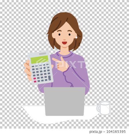 A woman in a sweatshirt sitting at her desk with her laptop open and pointing at a calculator pointing at you A woman in a sweatshirt sitting at her desk with her laptop open and pointing at a calculator pointing at you 104165395
