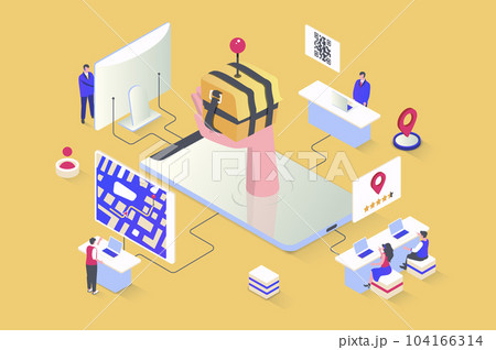 Online delivery concept in 3d isometric design. Customers send and receive parcels, track online, pay for service of logistics company. Illustration with isometry people scene for web graphic 104166314