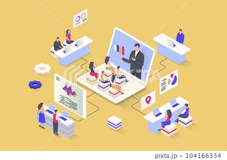 Coaching concept in 3d isometric design. Business coach making lecture for company employees, improves sales performance and profit. Illustration with isometry people scene for web graphic Coaching concept in 3d isometric design. Business coach making lecture for company employees, improves sales performance and profit. Illustration with isometry people scene for web graphic 104166334