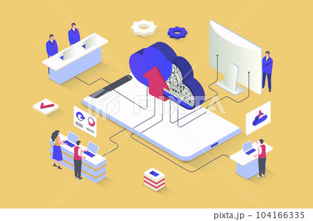 Cloud computing concept in 3d isometric design. Network computing technology, data storage and upload, secure access to database server. Illustration with isometry people scene for web graphic 104166335