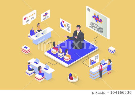 Business training concept in 3d isometric design. Colleagues listen to webinar of success coach, improve and develop professional skills. Illustration with isometry people scene for web graphic 104166336