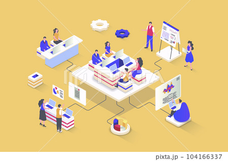 Business meeting concept in 3d isometric design. Colleagues work together at desk, discuss work tasks, make presentation, collaborate. Illustration with isometry people scene for web graphic 104166337