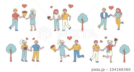 Romantic couples flat charers set. People in love meeting in park cartoon illustrations collection. Feelings expression, dating. First date romance. Happy boyfriend and girlfriend meeting 104166360