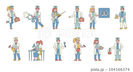 Medical workers flat charers set. People in white uniform coats. Doctors and nurses analyzing health condition. Hospital lab workers doing tests, study samples. Medical examination, treatment 104166374