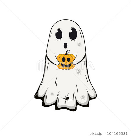 Cartoon cute ghost character holding spooky pumpkin. Funny Hallowwen spooky creatures.Vector illustration 104166381