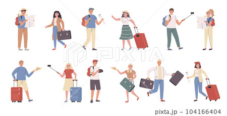 Tourists, male and female travelers flat vector Tourists, male and female travelers flat vector 104166404