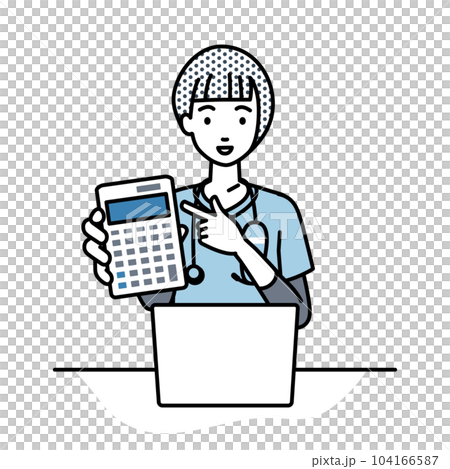 A female nurse sitting at her desk, opening her laptop, holding a calculator, and showing it to us 104166587
