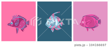 Hand drawn vector abstract cartoon marine underwater animals set of cute color fishes. Fish characters concept for funny kids design. Flat cartoon sea fish vector design isolated on color background. Hand drawn vector abstract cartoon marine underwater animals set of cute color fishes. Fish characters concept for funny kids design. Flat cartoon sea fish vector design isolated on color background. 104166697