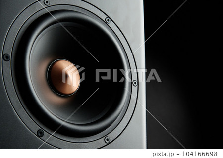 Multimedia acoustic sound speaker with copy space. Sound audio system on dark background 104166698