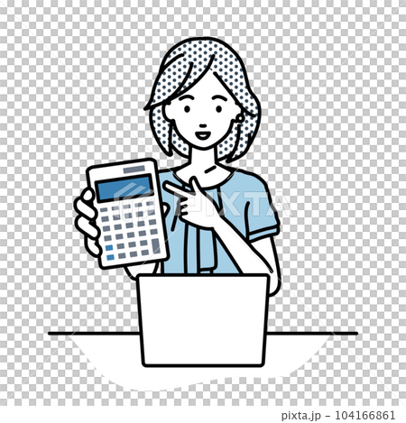 座ってデスクでノートPCを開いて電卓を指差してこちらに向けて見せているオフィスカジュアルの女性 座ってデスクでノートPCを開いて電卓を指差してこちらに向けて見せているオフィスカジュアルの女性 104166861