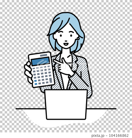 A woman in a suit sitting at her desk, opening her laptop, pointing at a calculator, and showing it to us A woman in a suit sitting at her desk, opening her laptop, pointing at a calculator, and showing it to us 104166862