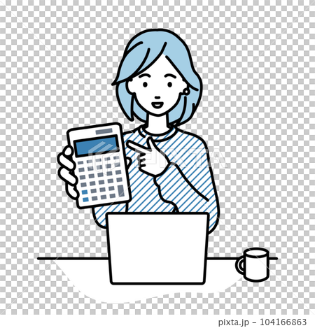 A woman in a sweatshirt sitting at her desk with her laptop open and pointing at a calculator pointing at you 104166863
