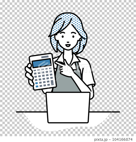 A female clerk wearing an apron sits at her desk, opens her laptop, points to a calculator, and shows it to us A female clerk wearing an apron sits at her desk, opens her laptop, points to a calculator, and shows it to us 104166874