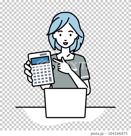 A woman who sits at a desk, opens a laptop, points to a calculator, and shows it towards us. A woman who sits at a desk, opens a laptop, points to a calculator, and shows it towards us. 104166875