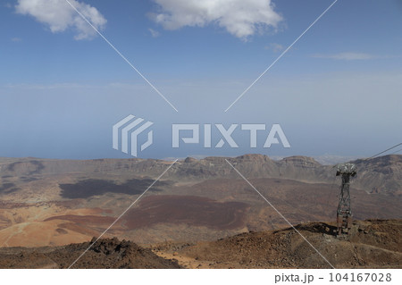 Panoramic view of volcanic lanscape in front of the ocean from the peak of mountain Teide, Tenerife Panoramic view of volcanic lanscape in front of the ocean from the peak of mountain Teide, Tenerife 104167028