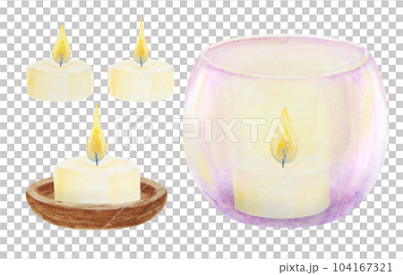 Set of violet glass and wooden candlesticks, candles. Hand drawn watercolor illustration. Good for event, Christmas decoration, romantic, wedding designs 104167321