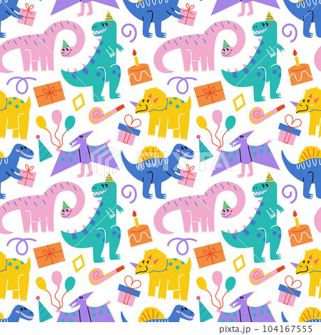 Dinosaurs birthday party, hand drawn seamless pattern with adorable tyrannosaurus in birthday hat, doodle colored ornament of cake and pipe icons, vector illustrations of smiling reptiles 104167555