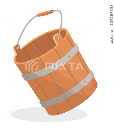 Wooden bucket with handle and without water. Container or empty pail for spa, sauna. Vector illustration isolated on white background Wooden bucket with handle and without water. Container or empty pail for spa, sauna. Vector illustration isolated on white background 104167658