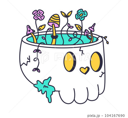 Doodle skull patch. Psychedelic weird trippy skull with flowers sticker, groovy hallucination element flat vector illustration 104167690