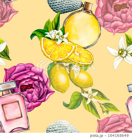Watercolor seamless pattern lemon white flowers, tree branch, slice and floral perfume bottle with violet tulips, pink peony. Hand drawn botanical illustration of yellow citrus fruits, aroma spray Watercolor seamless pattern lemon white flowers, tree branch, slice and floral perfume bottle with violet tulips, pink peony. Hand drawn botanical illustration of yellow citrus fruits, aroma spray 104168649