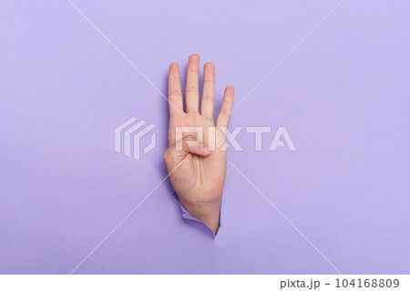 Person's hand sticks out of hole in paper of lilac background four fingers sign, copy space for advertisement. Person's hand sticks out of hole in paper of lilac background four fingers sign, copy space for advertisement. 104168809